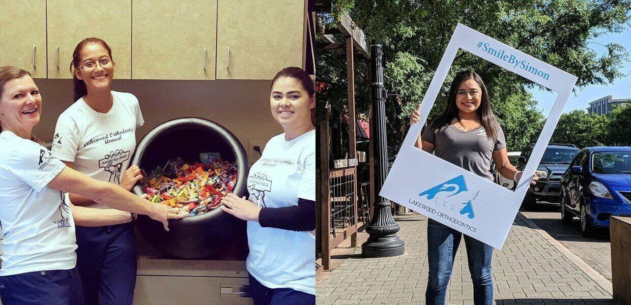 team members with candy and #smilebysimon sign